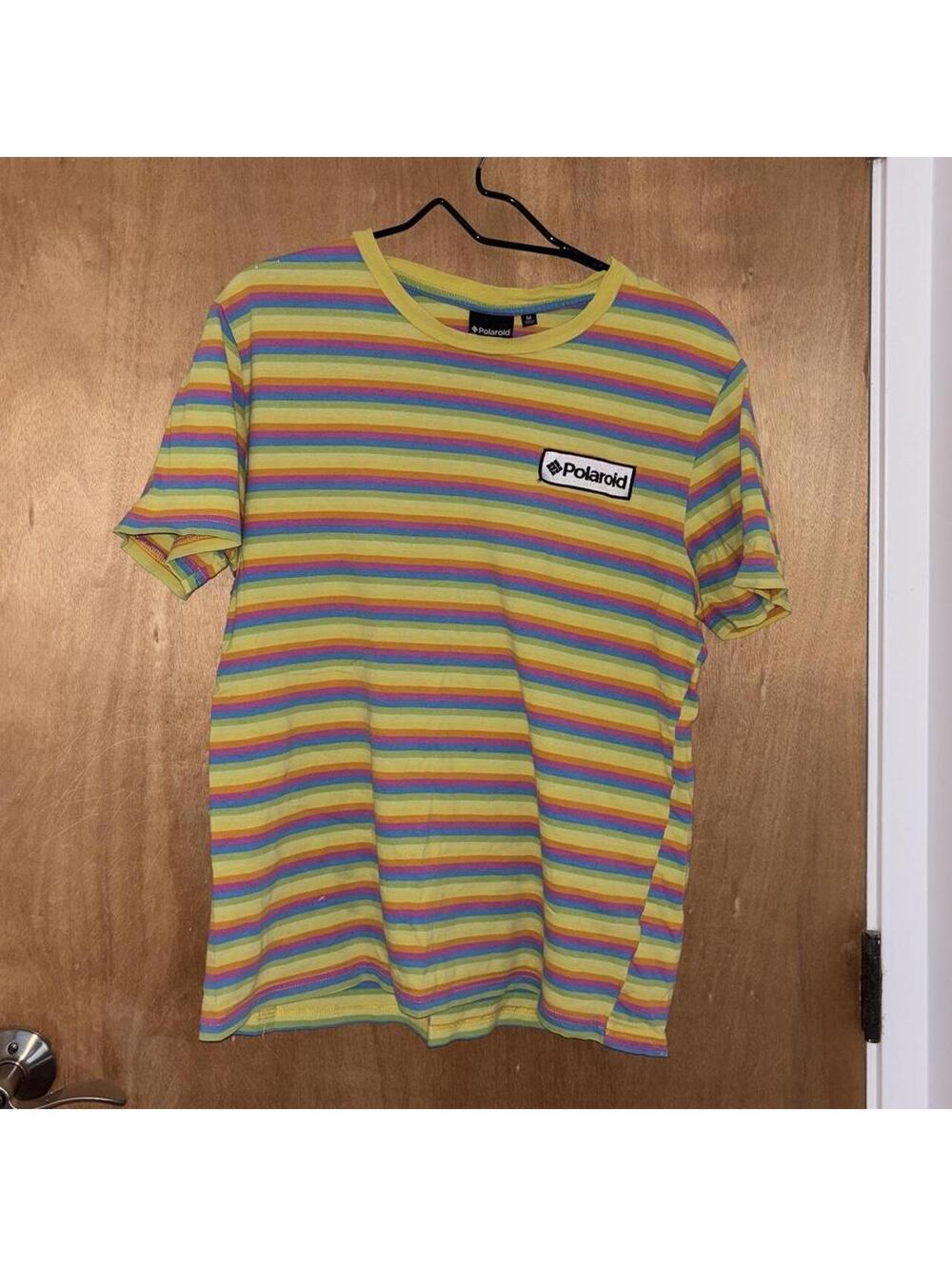 🌈 Polaroid Rainbow Striped Logo Tee — Size M